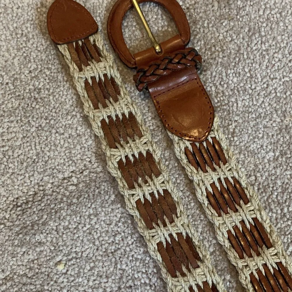 Jute And Braided Leather Belt Tan Brown Women’s Size Medium Made in Turkey